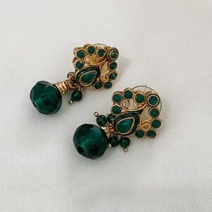 VTG Gold Green Bead Dangle Earrings